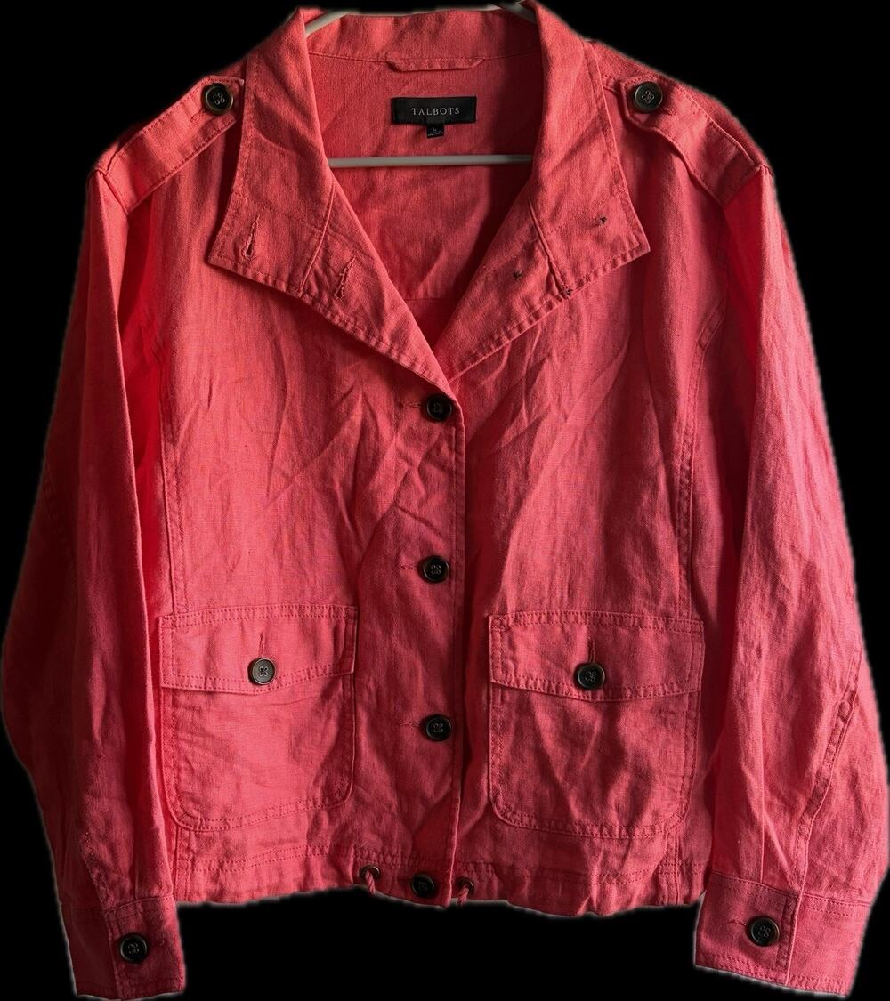 Talbots Womens 100% Linen Jacket Large L Coral Pink Safari Field Utility Button